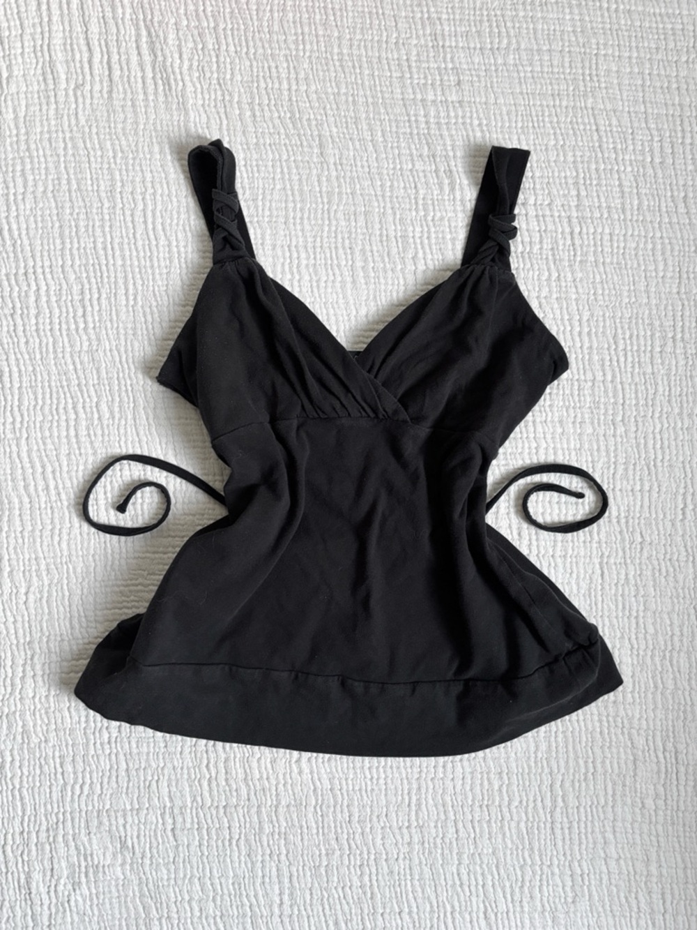 y2k black ruched tie-back baydoll cami top